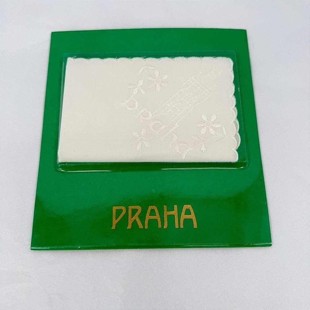 Praha Prague Handkerchief White Embroidered Souvenir Scalloped Edge VTG Sealed